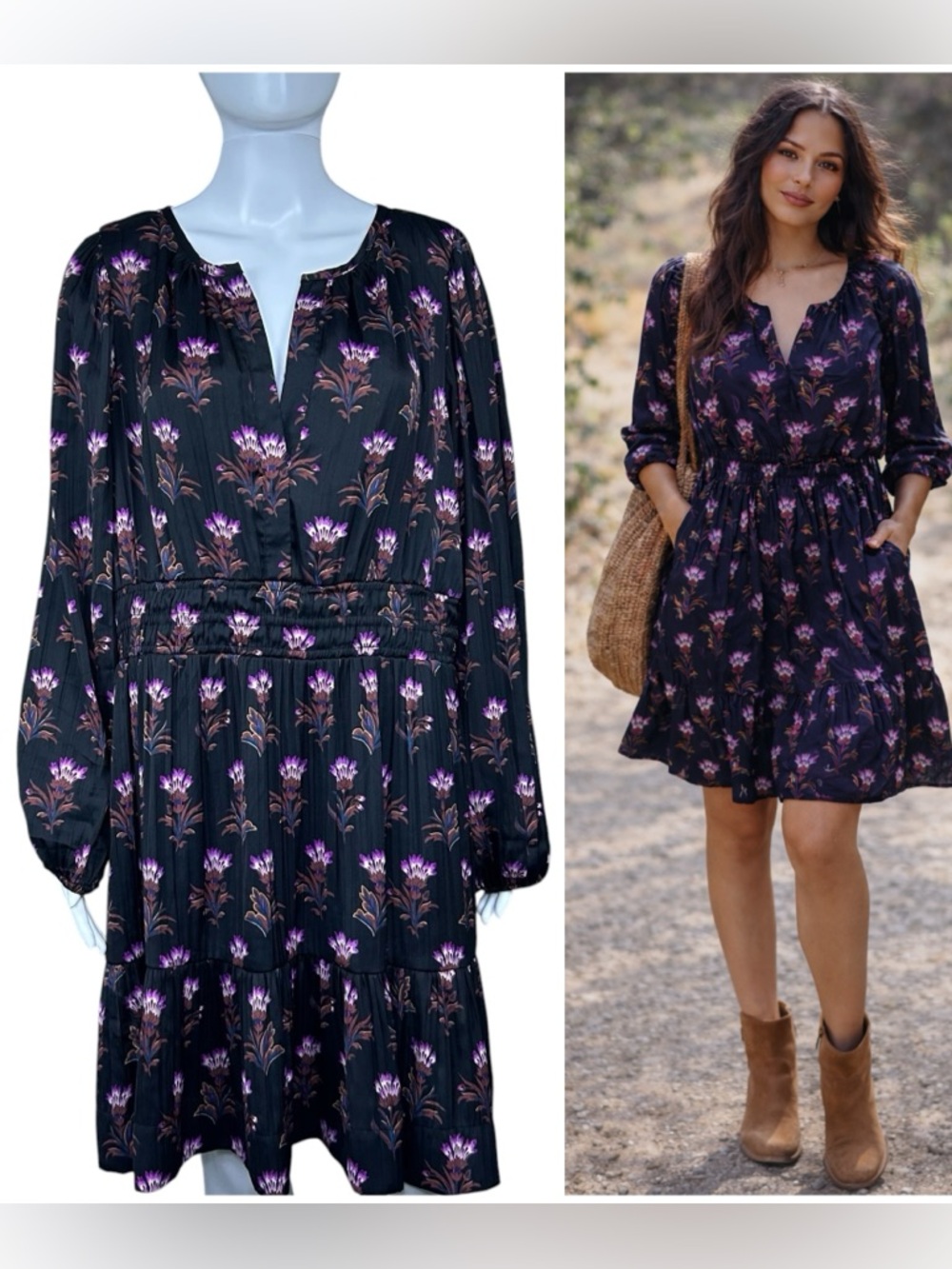 Anthropologie Somerset Dress Sz XL Black Floral Long Sleeve Smocked Tiered Boho
